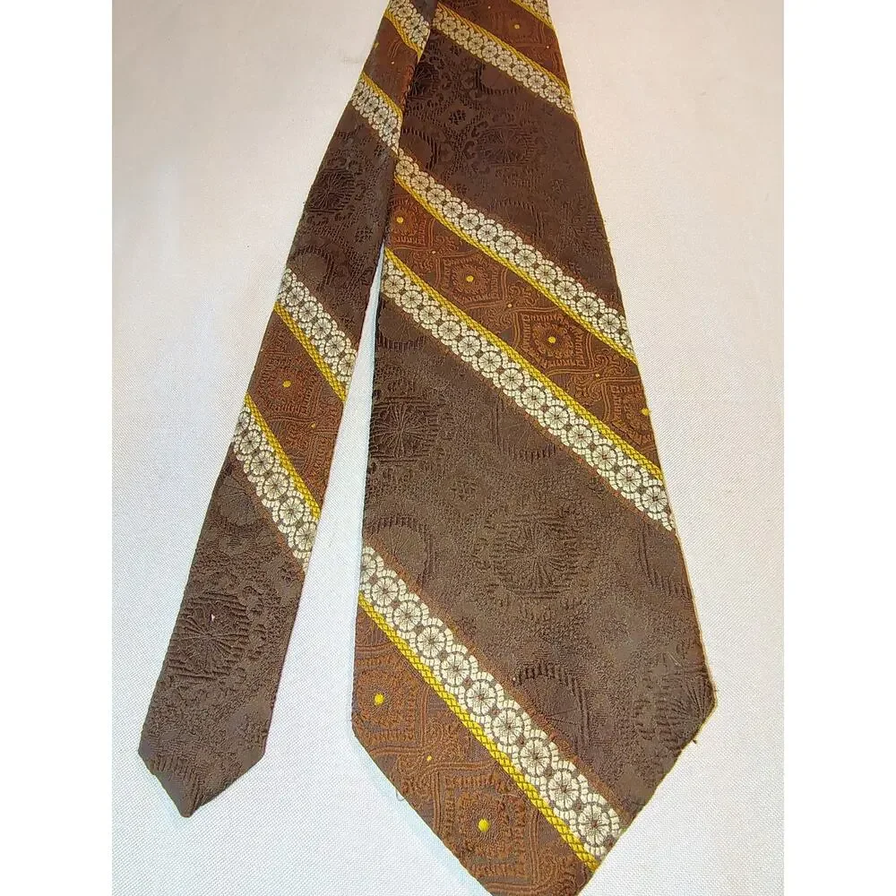 Vintage Polyester Latiners Brown Geometric Patterned Stripes Necktie
